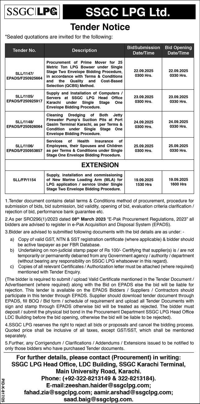 SSGC LPG Tender Notice